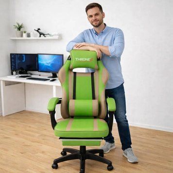 Дизайнерське геймерське крісло до 130 кг з масажною подушкою, підніжкою ThroneX cалатове з бежевим PVC 004 30537 фото
