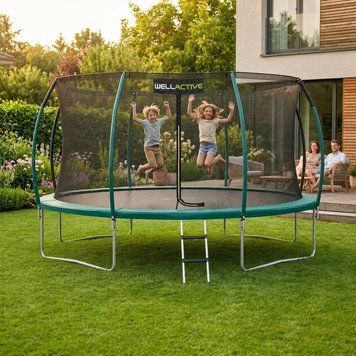 Батут WellActive 374 см до 150 кг з внутрішньою сіткою та драбинкою стрибковий Бірюзовий 30785 фото