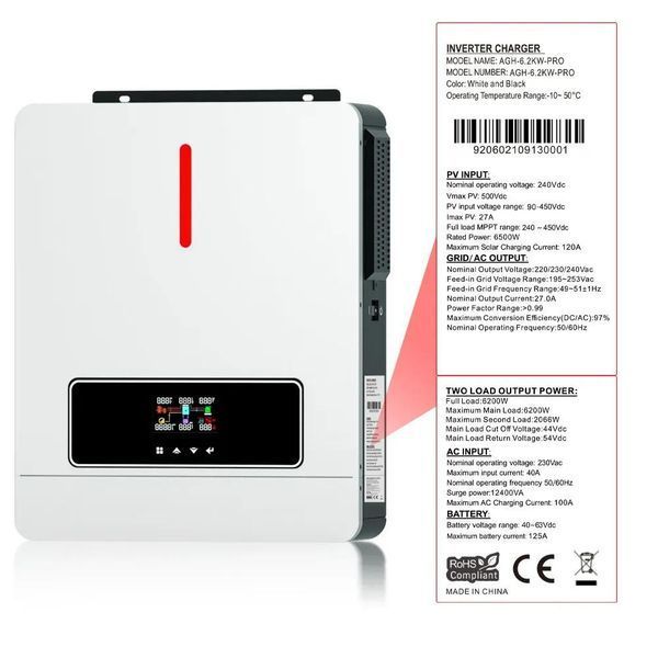 6,2 кВт Гібридний сонячний інвертор Daxtromn AGH-6.2KW-PRO для дому, квартири 30489 фото
