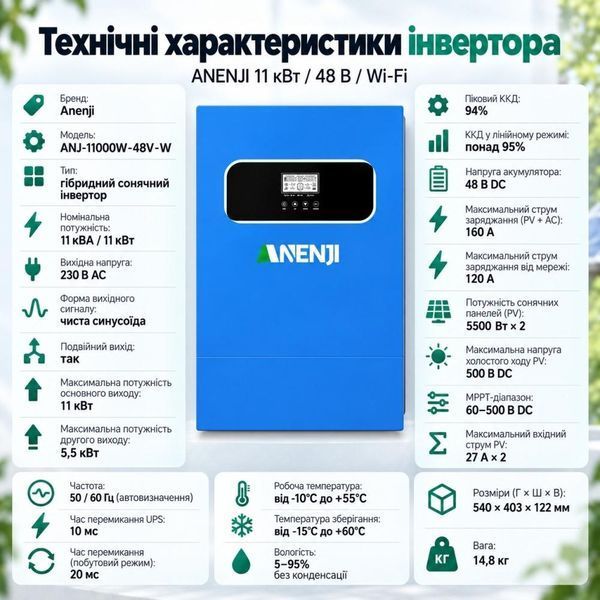 11 кВт LiFePO4 Felicity Комплект резервного живлення: інвертор Anenji + 51,2V/100Ah акумулятор FLA48100UG1 для квартири, офісу 30928 фото