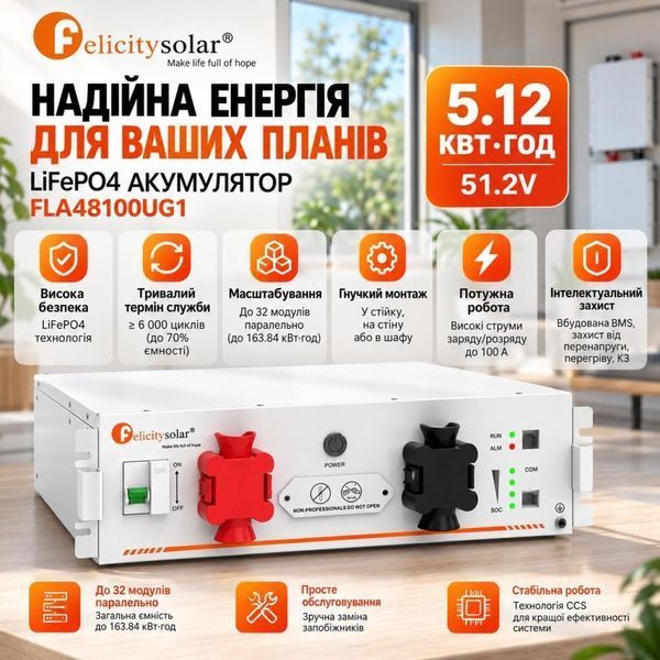 11 кВт LiFePO4 Felicity Комплект резервного живлення: інвертор Anenji + 51,2V/100Ah акумулятор FLA48100UG1 для квартири, офісу 30928 фото