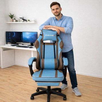 Дизайнерське геймерське крісло до 130 кг з масажною подушкою, підніжкою ThroneX блакитне з коричневим PVC 007 30535 фото